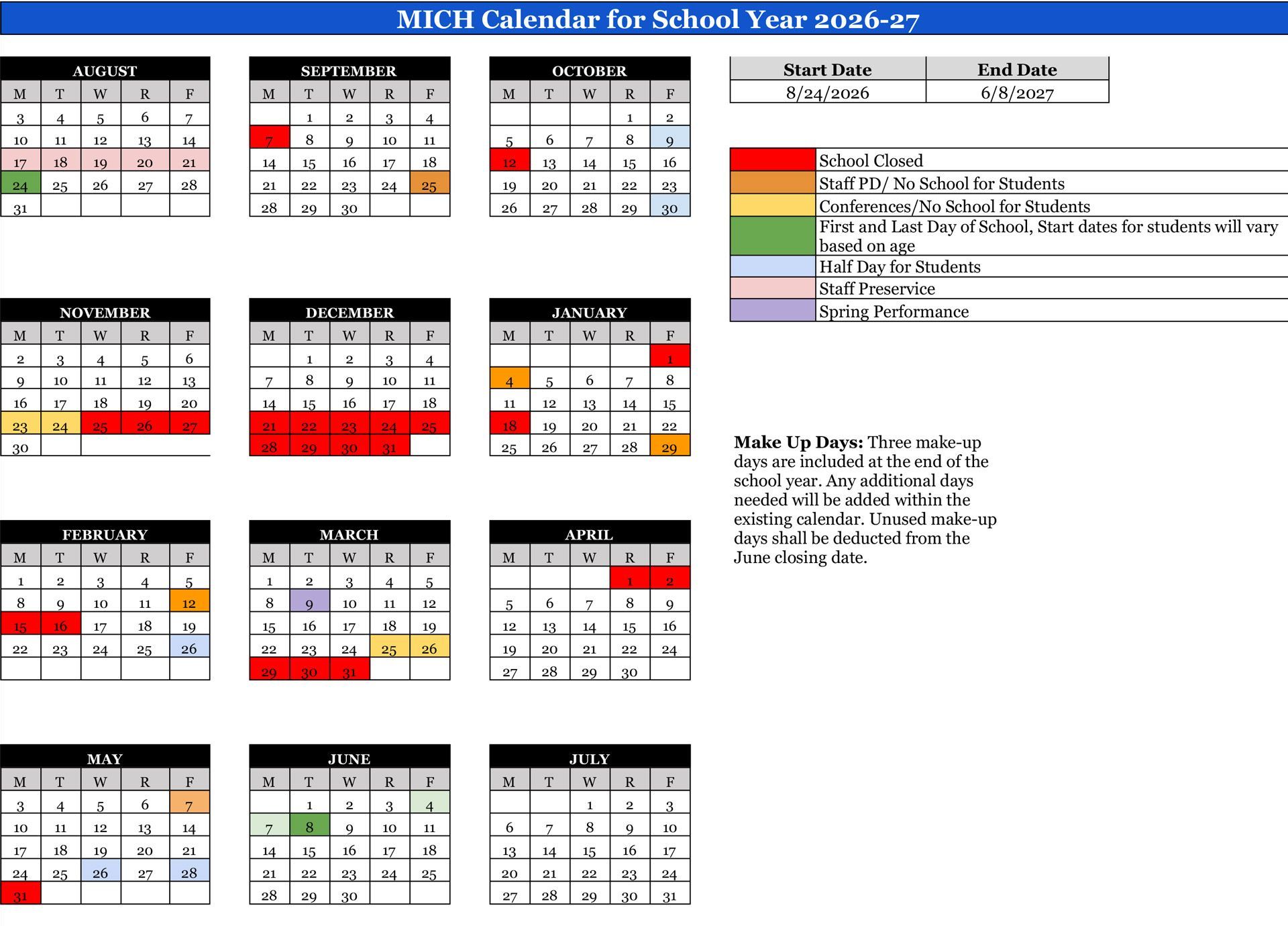 Montessori International Children's House School Calendar