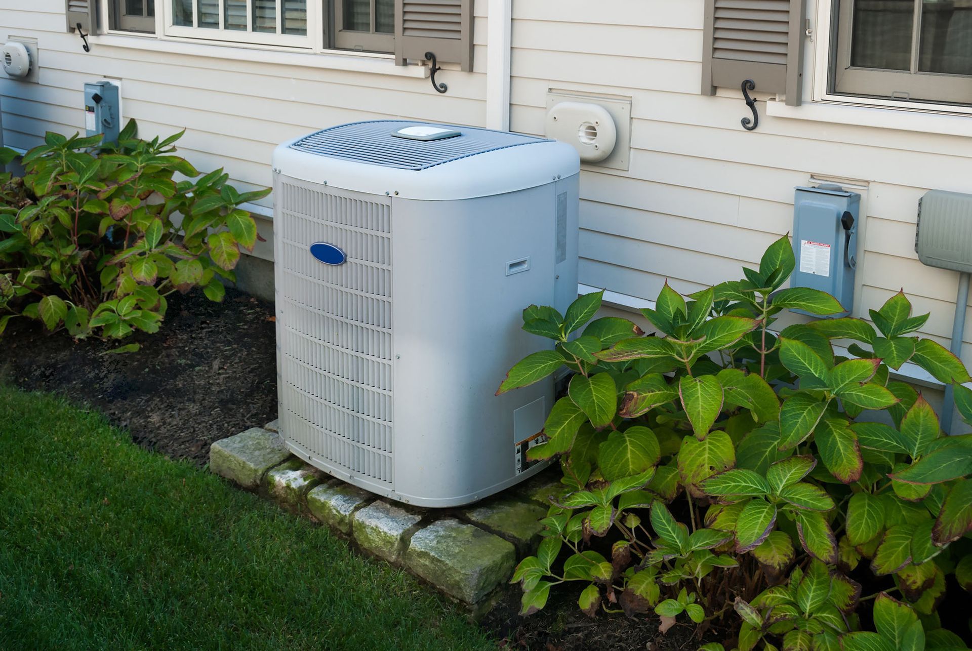 Outdoor air conditioning unit beside a house, surrounded by shrubs and grass.