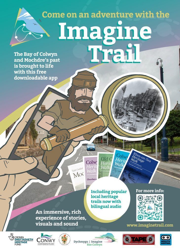 Poster promoting the Imagine Trail app. Features a hand holding a phone showing a character, and a magnifying glass over a historical photo.
