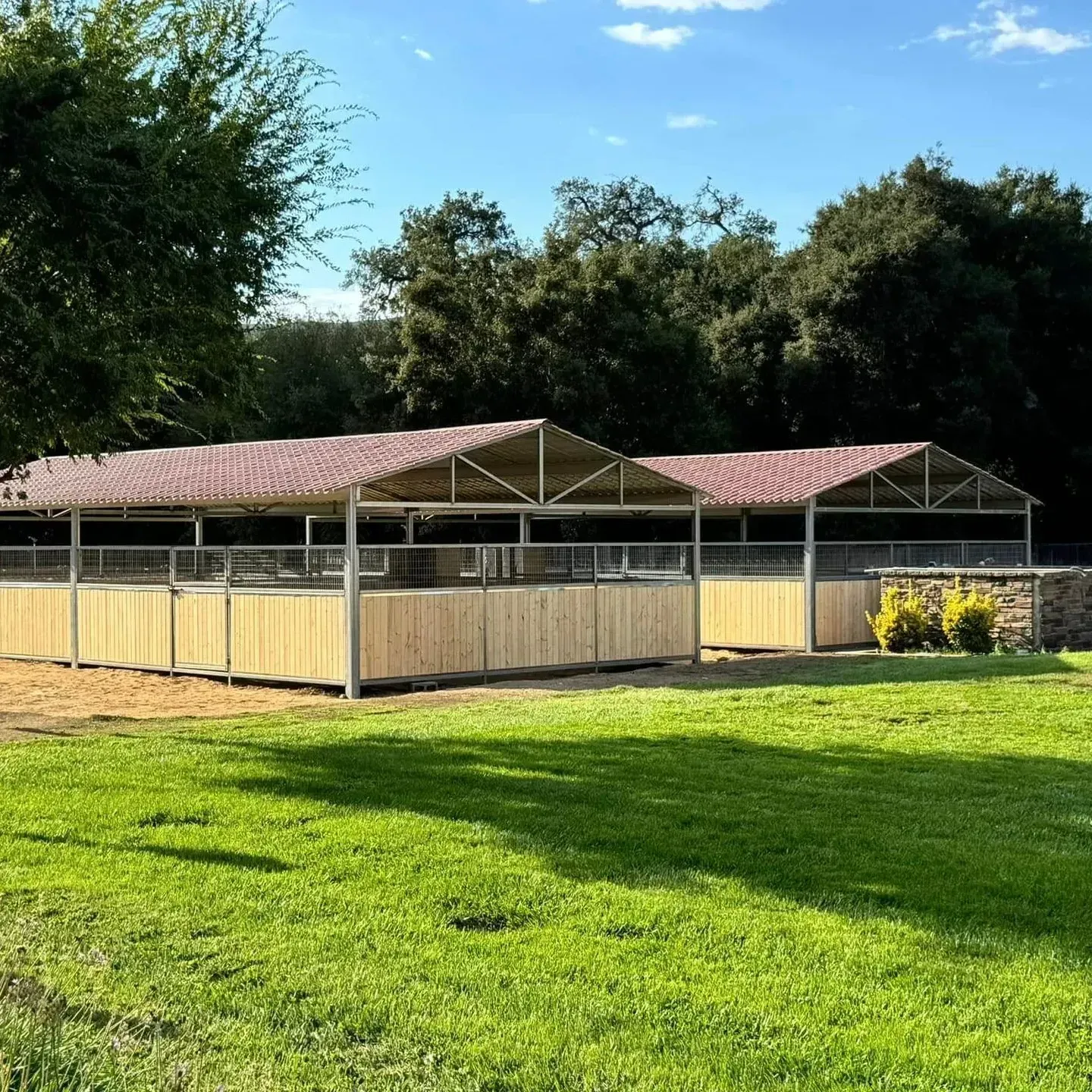 A row of horse stables in a grassy field