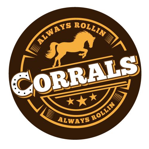 A logo for corrals with a horse on it