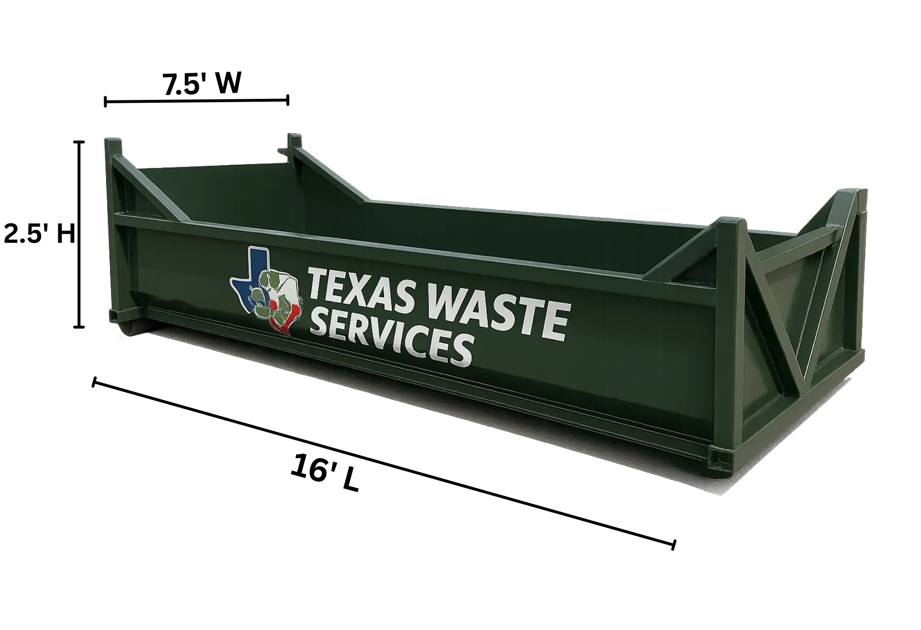 A large green dumpster is sitting on a white surface.