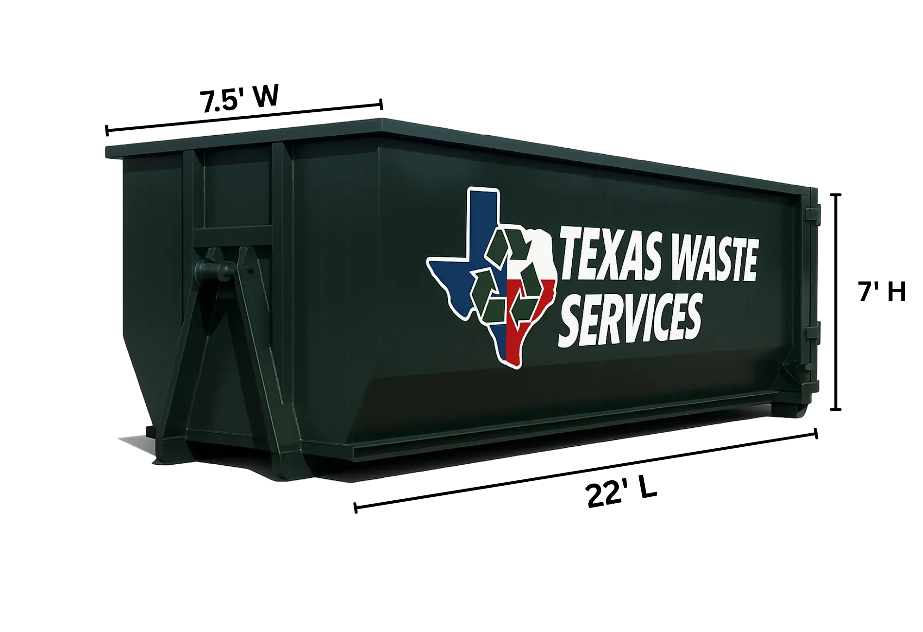 A large green dumpster is sitting on a white surface.