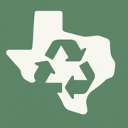 A white texas map with two green recycling arrows on a green background.
