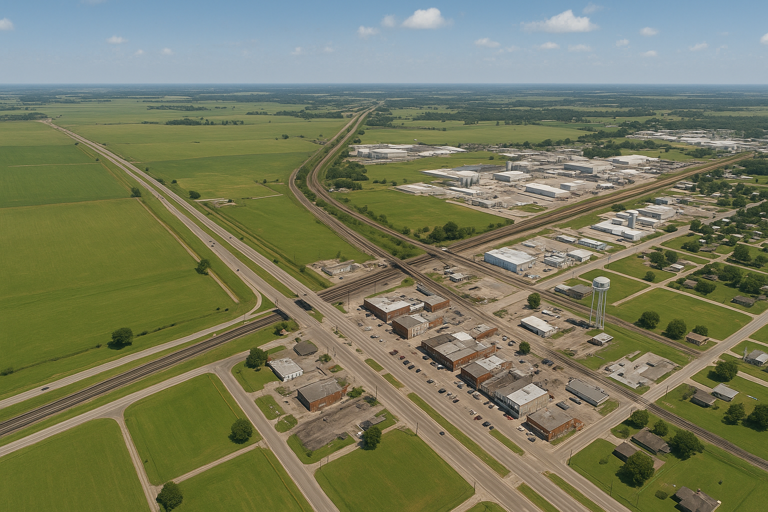 An aerial view of a small town with a lake in the background.