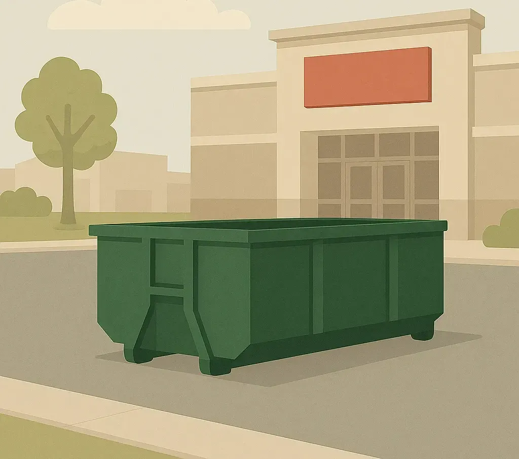 A green dumpster is parked in front of a store.
