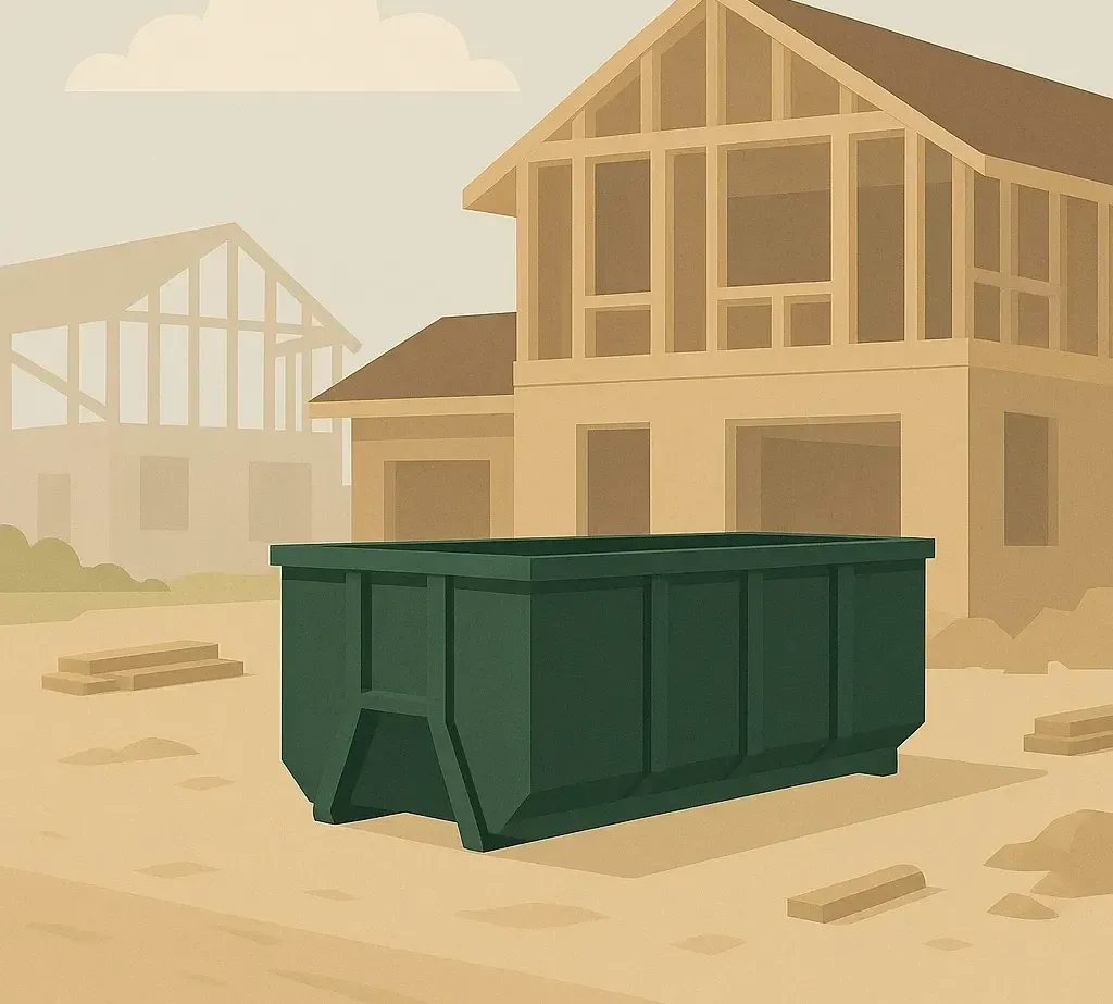 A green dumpster is sitting in front of a house under construction.