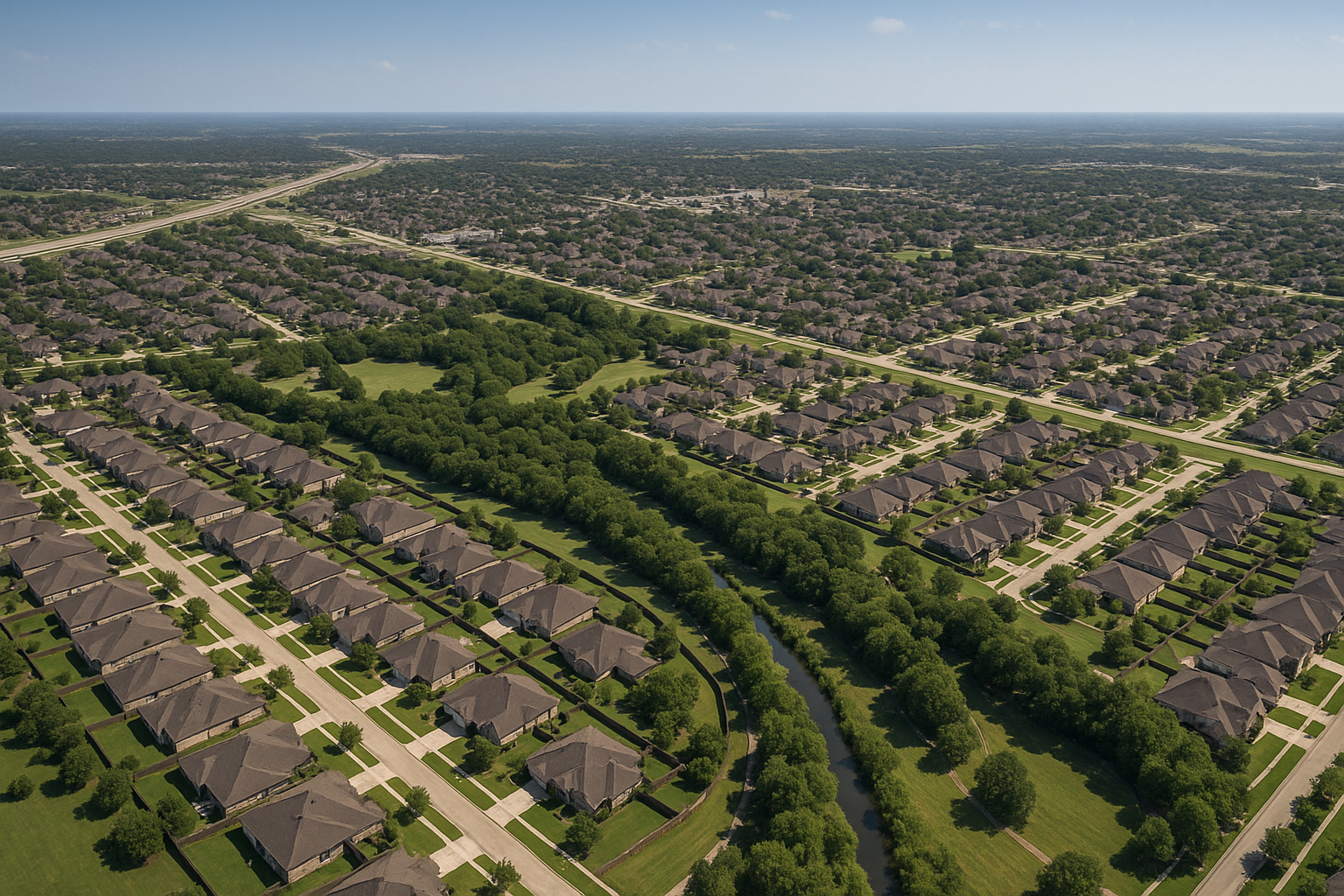 An aerial view of a residential area surrounded by trees and a lake.