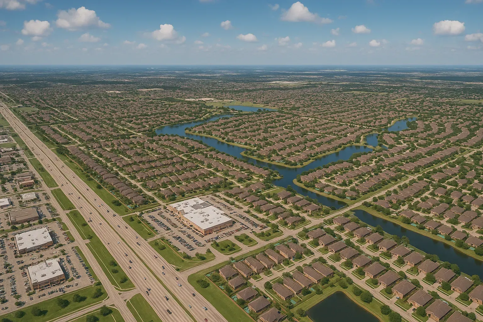 An aerial view of a small town with a lake in the background.