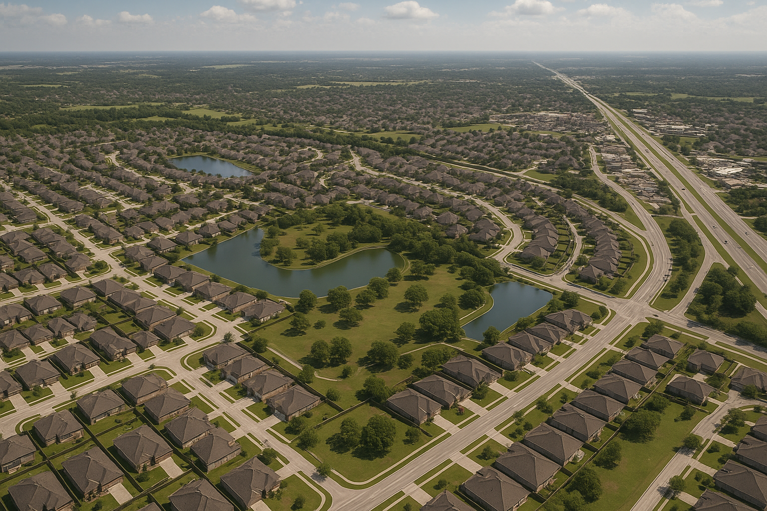 An aerial view of a small town with a lake in the background.