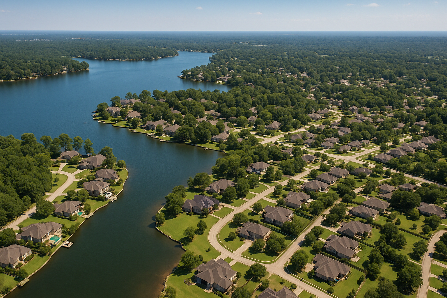 An aerial view of a city surrounded by trees and buildings.
