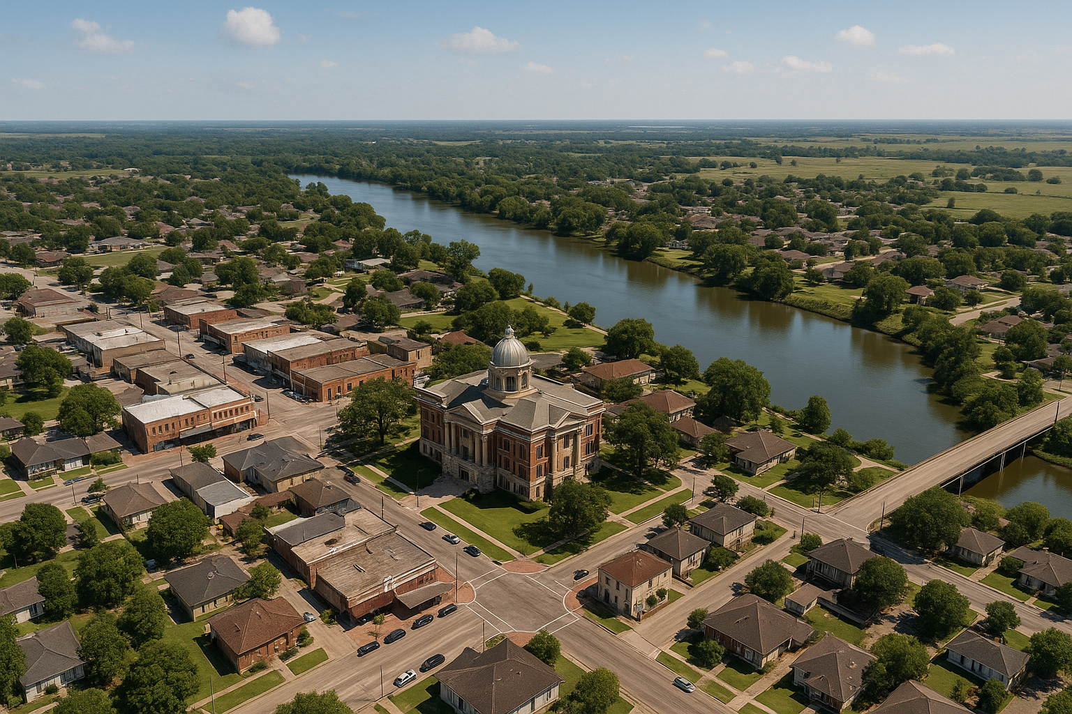 An aerial view of a small town with a lake in the background.