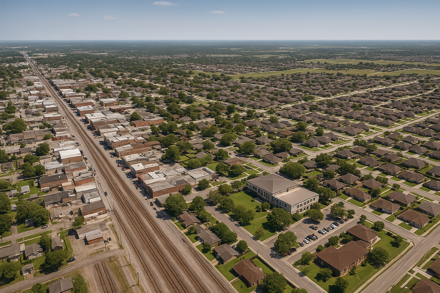 An aerial view of a small town with a lake in the background.