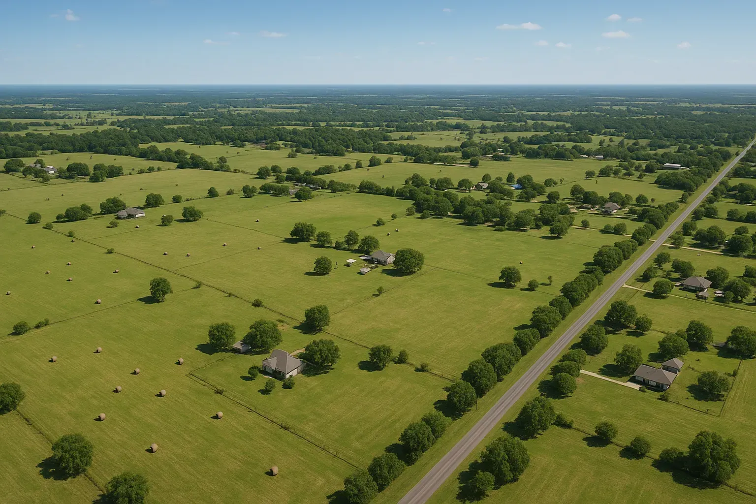 An aerial view of a residential area with a highway and a baseball field.