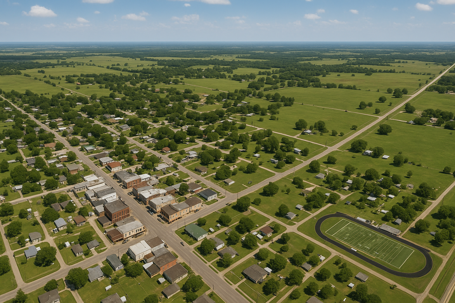 An aerial view of a small town with a lake in the background.