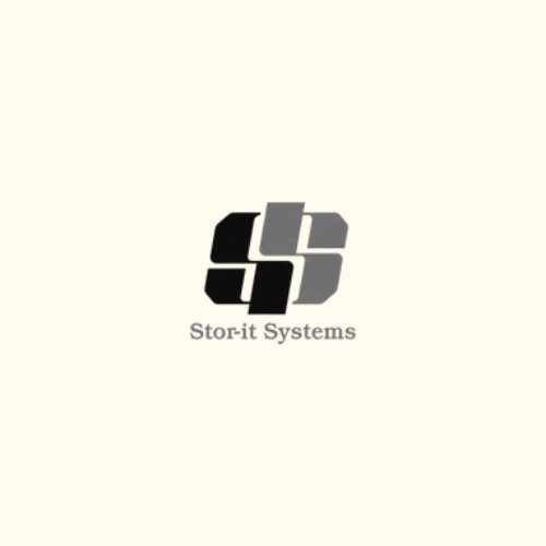 Logo for Stor-it Systems: Black and gray interlocking shapes form 