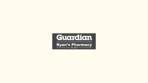 Guardian Ryan's Pharmacy logo in gray text on a dark gray rectangle, centered on a pale yellow background.