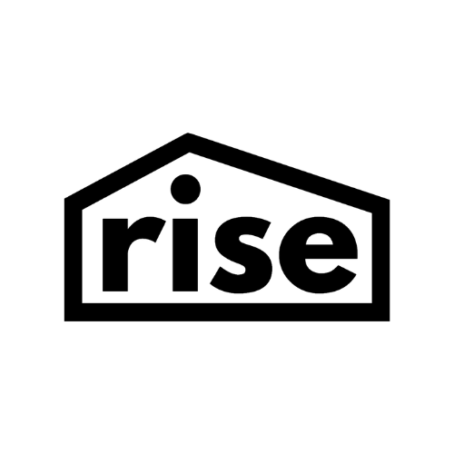 Black and white logo. A house shape encloses the word 