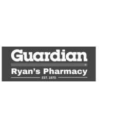 Guardian, Ryan's Pharmacy logo in black and white. Pharmacy name in white font, with established year.