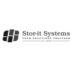 Stor-it Systems logo: abstract gray square with company name, tagline, and establishment date.