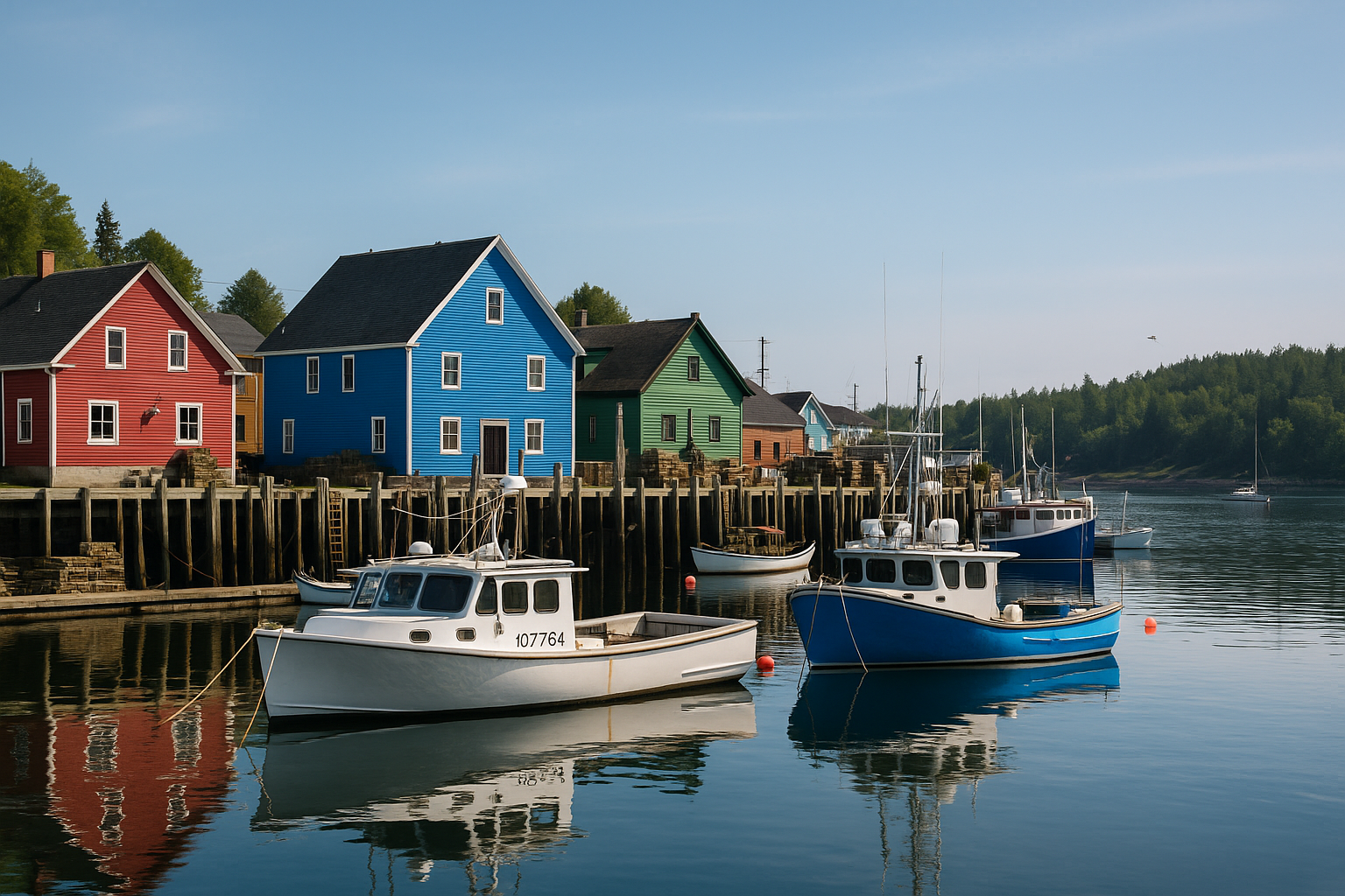 Colorful fishing village with boats docked, reflected in the calm water.