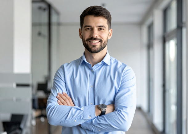 Man in blue shirt with arms crossed, smiling in office hallway.