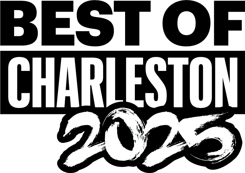 A black and white logo for the best of charleston in 2025.