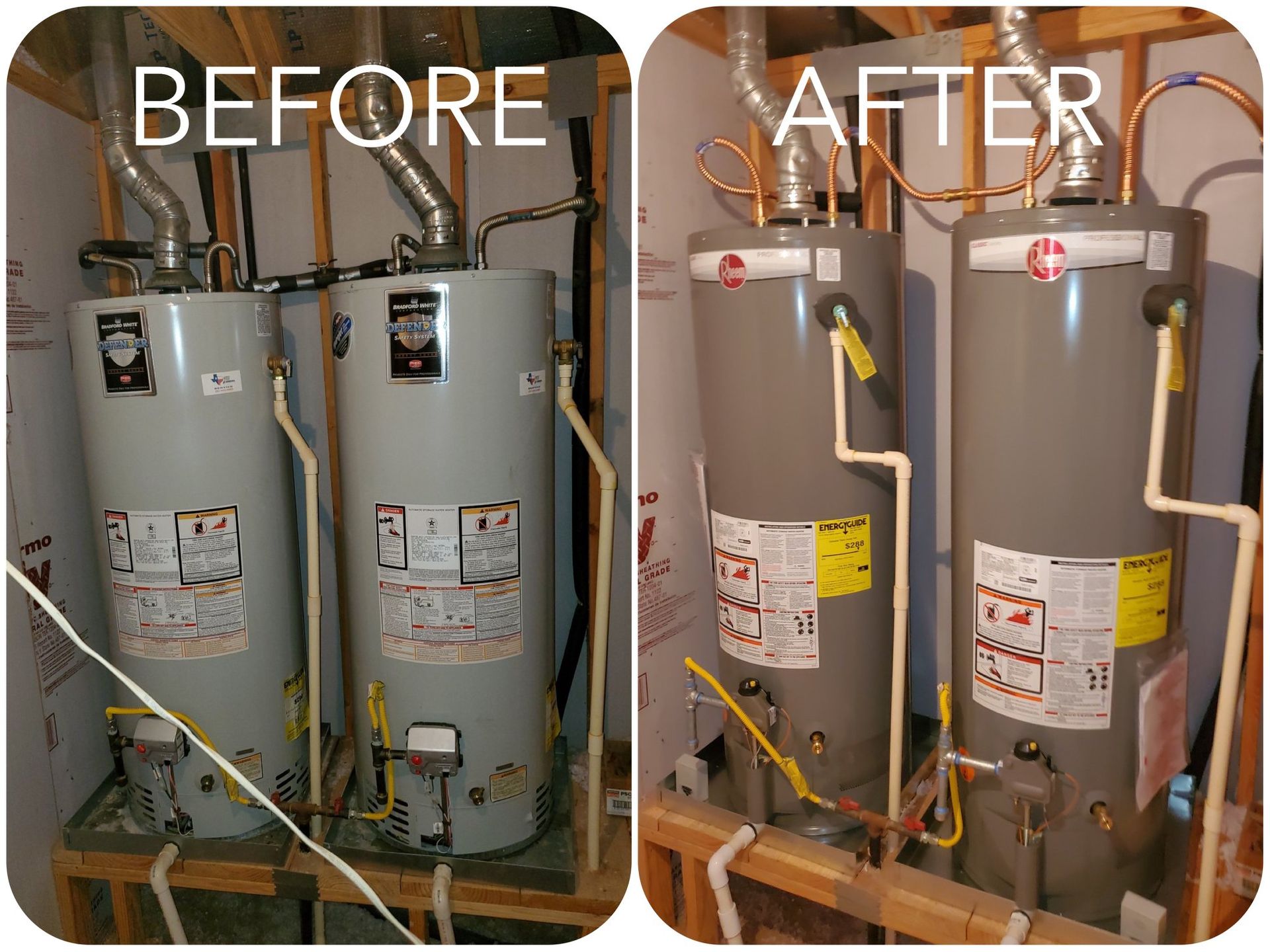 Comparison of two water heaters before and after a remodel in a utility closet.