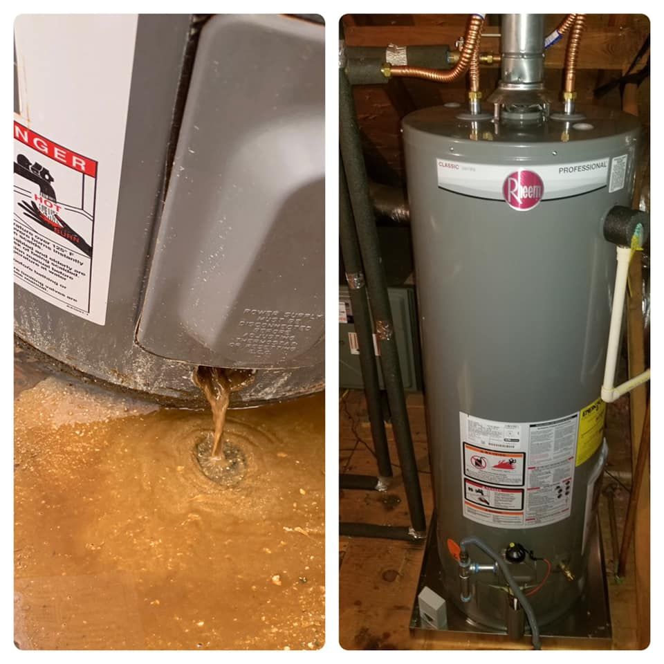 Left: Water heater leaking brown water onto the floor. Right: A water heater in a room.