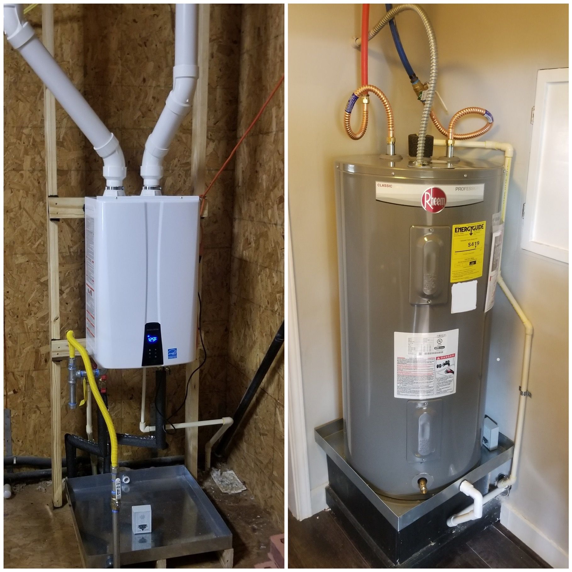 Two water heaters; a tankless on the left and a tank on the right, next to a wall.