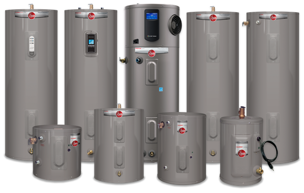 Before and after photos of a water heater replacement in an attic. Old unit is corroded; new unit is white and clean.