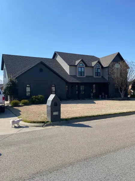 A two-story suburban home with grey siding, a dark shingled roof, and a small dog standing on the driveway.