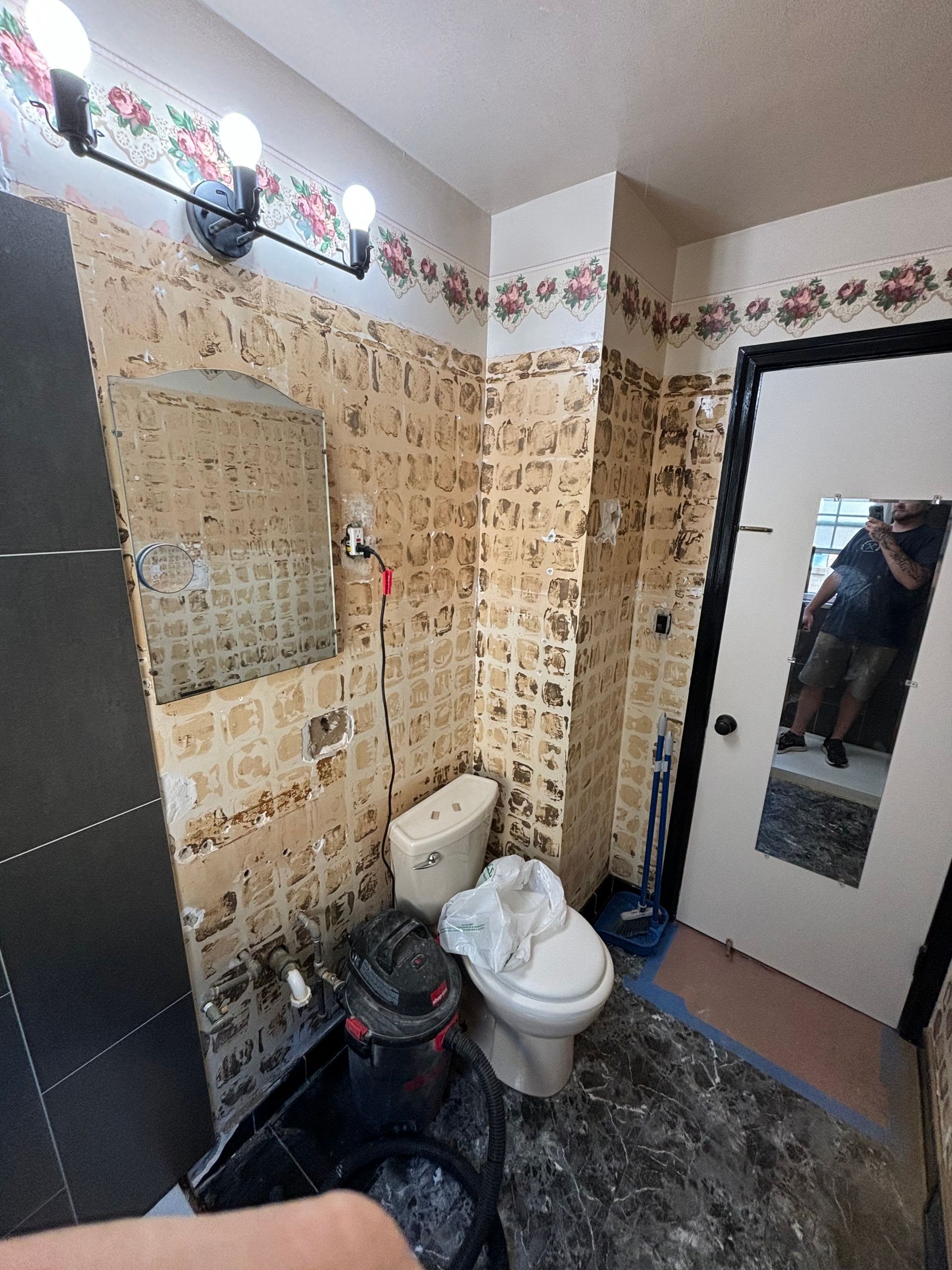 Bathroom undergoing renovation, with partially removed tile, toilet, and exposed walls.