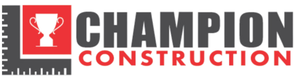 Logo for Champion Construction: gray text over red, red box with white trophy, black ruler outline.