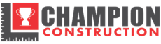 Logo for Champion Construction: gray text over red, red box with white trophy, black ruler outline.