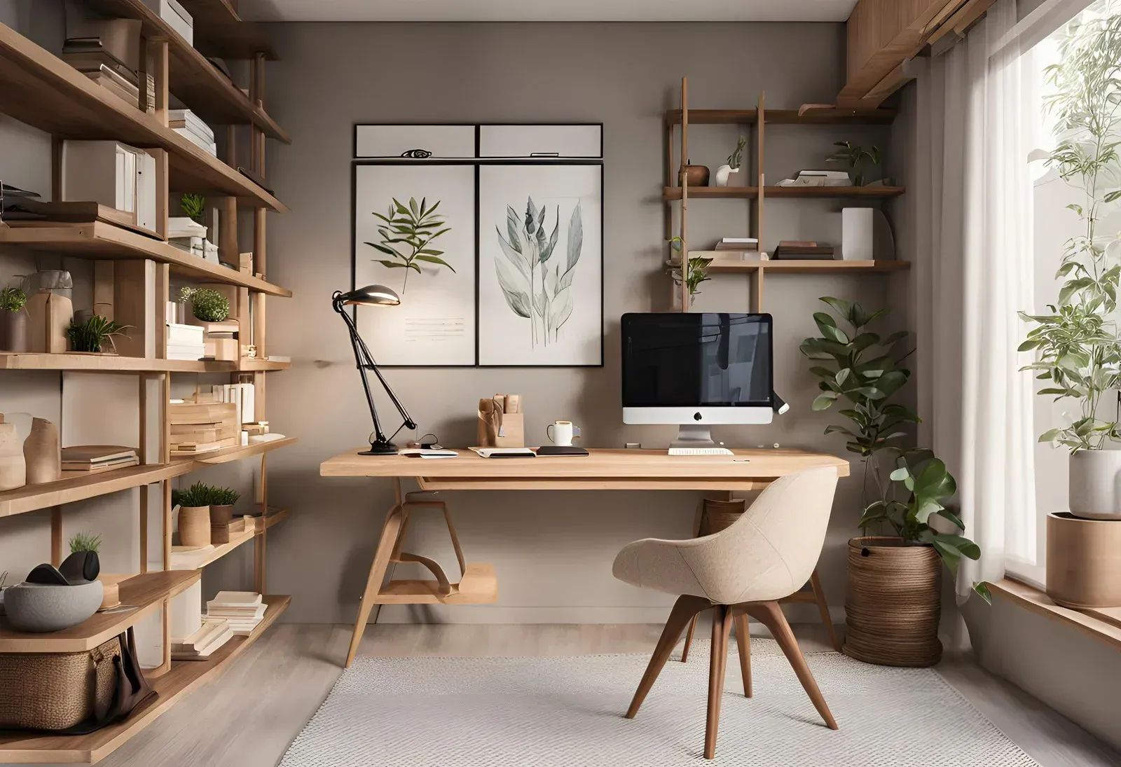 Home office with wooden desk, shelves, computer, and chair; plants and artwork enhance the space.