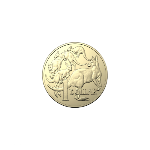 A 1 dollar coin with a kangaroo on it