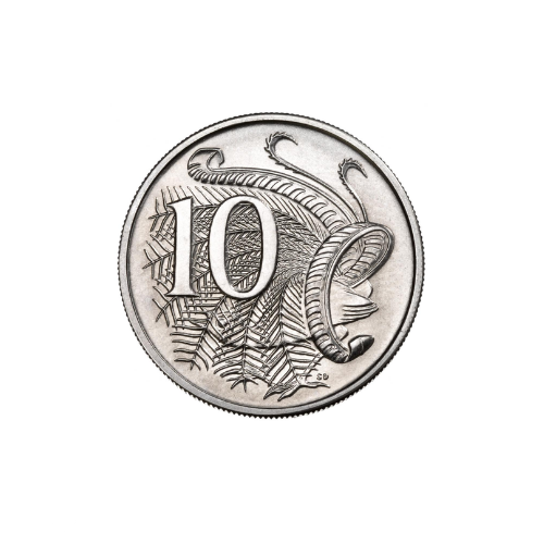 A silver coin with the number 10 on it