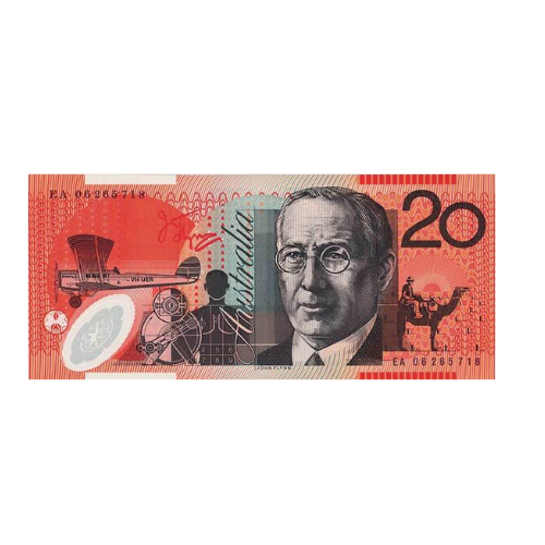 A 20 dollar bill with a picture of a man on it.