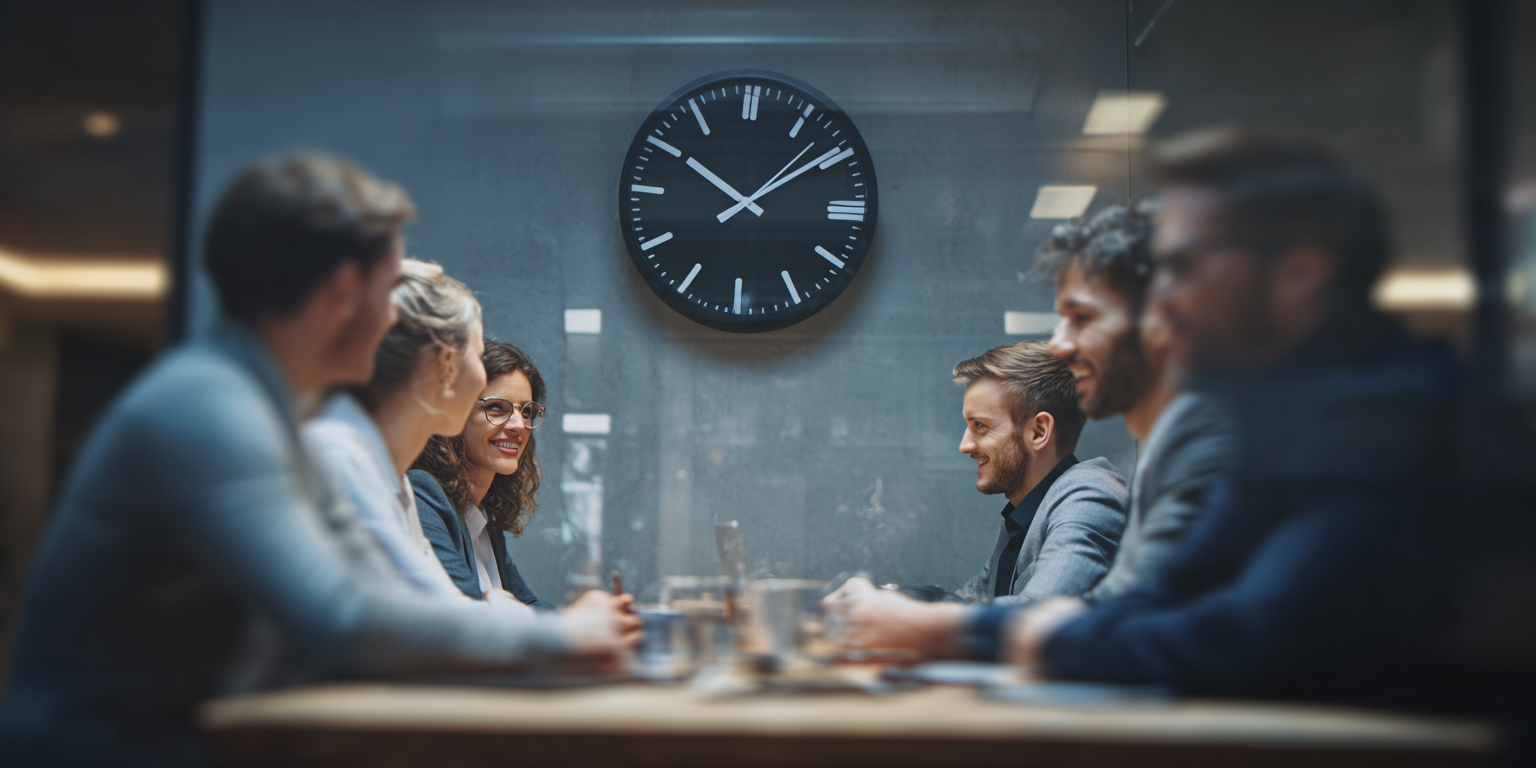 Business meeting around a table. A clock hangs on the wall.