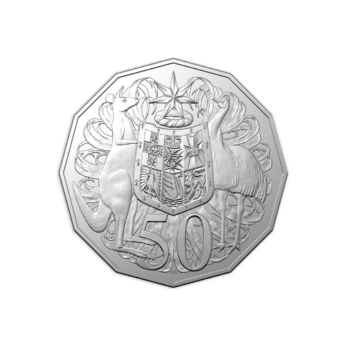 A silver coin with a coat of arms on it