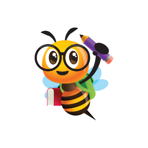 A bee with glasses is holding a pencil and a book.