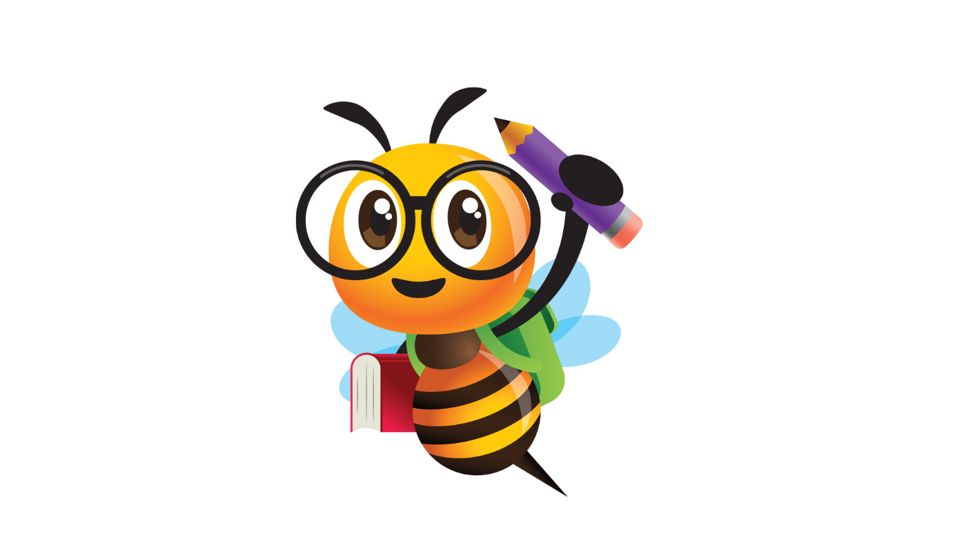 A bee with glasses is holding a pencil and a book.