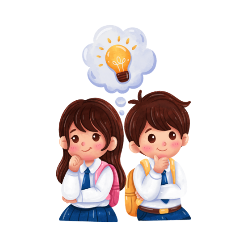 A boy and a girl are standing next to each other with a light bulb in a thought bubble above them.