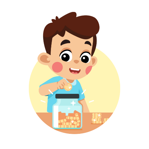 A young boy is putting coins into a jar.