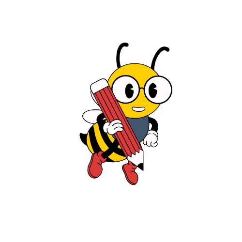 A cartoon bee is holding a red pencil.