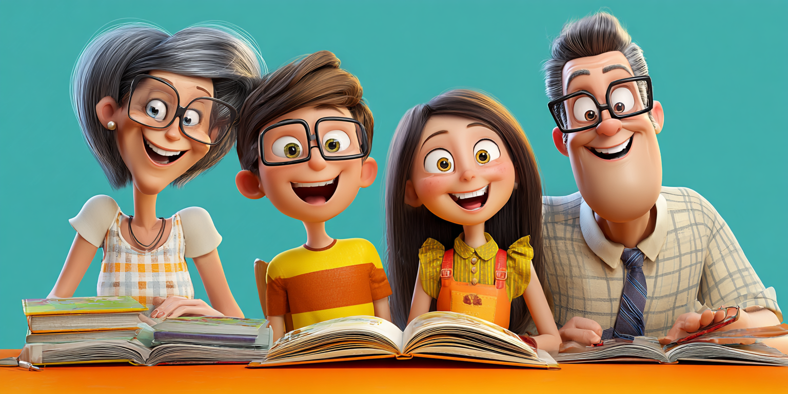 Family reading together, smiling. Teal background. Orange table.