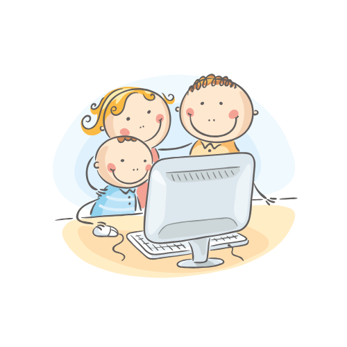 A cartoon of a family looking at a computer screen.