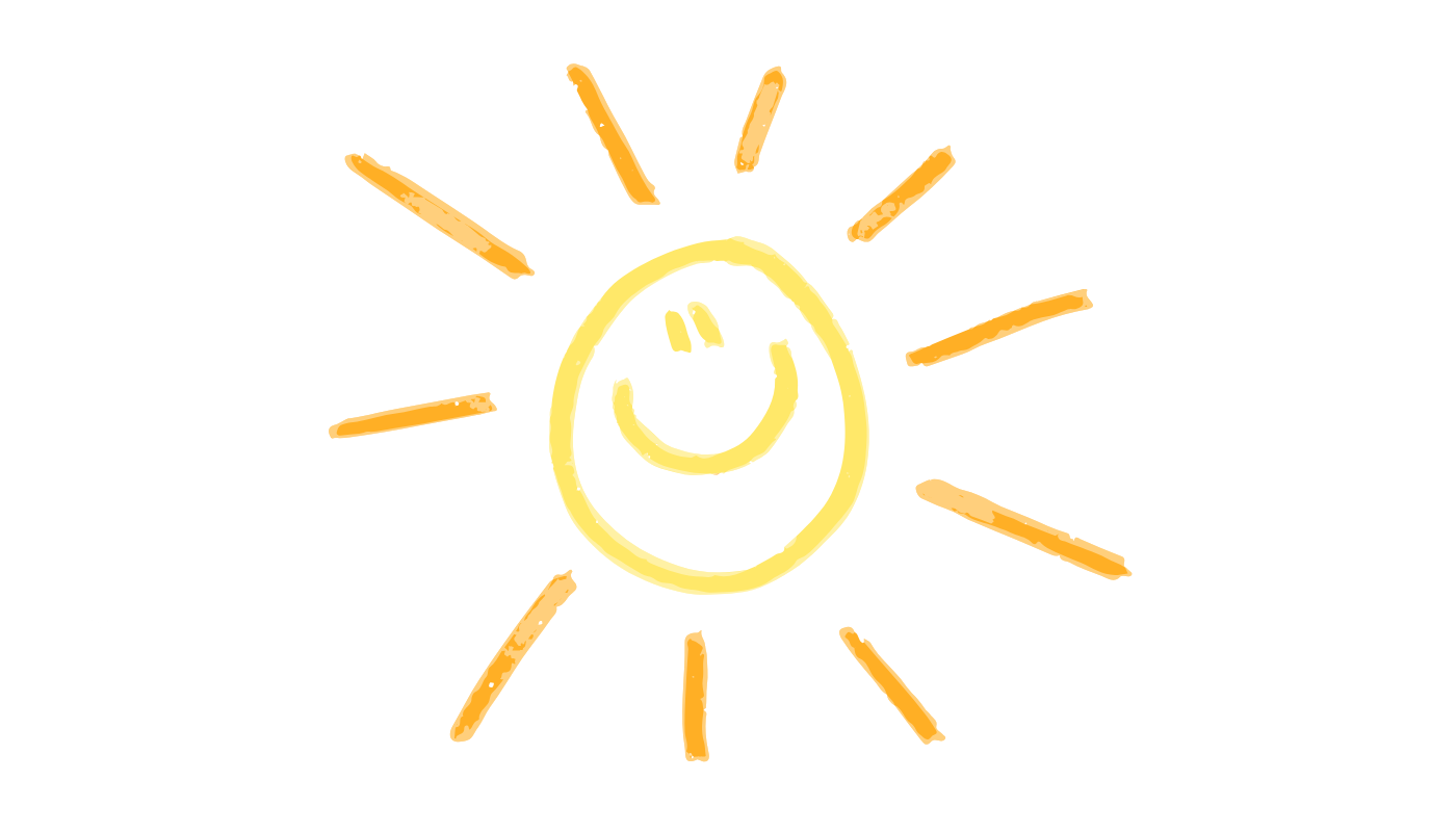 A drawing of a smiling sun with rays on a white background.
