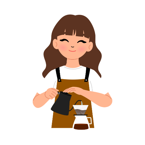 A woman in an apron is pouring coffee into a cup.